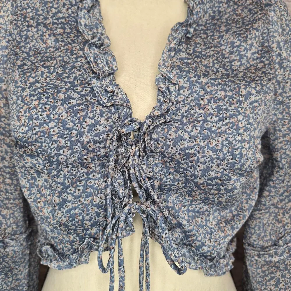 Princess Polly Blue Floral Caylan Tie Front Ruffle Crop Blouse Top Cottagecore 6